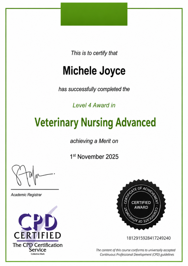 Veterinary Nursing – Level 4 Completed: 2025 Advanced level knowledge: chronic disease management, complex care protocols, specialist medication, long‑term health conditions and professional care planning.