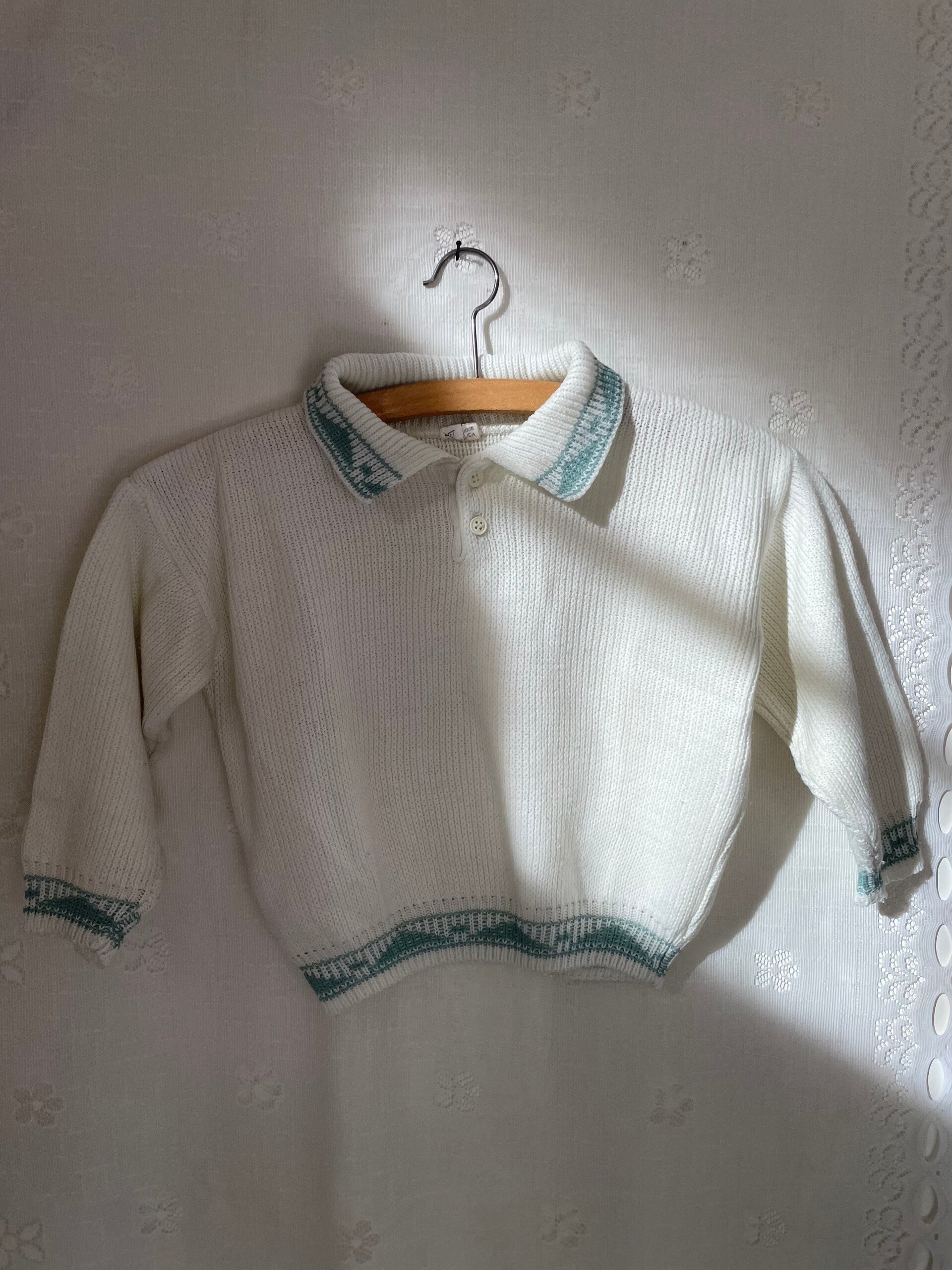 Vintage crème wit / mint groen truitje met kraag 2-3y