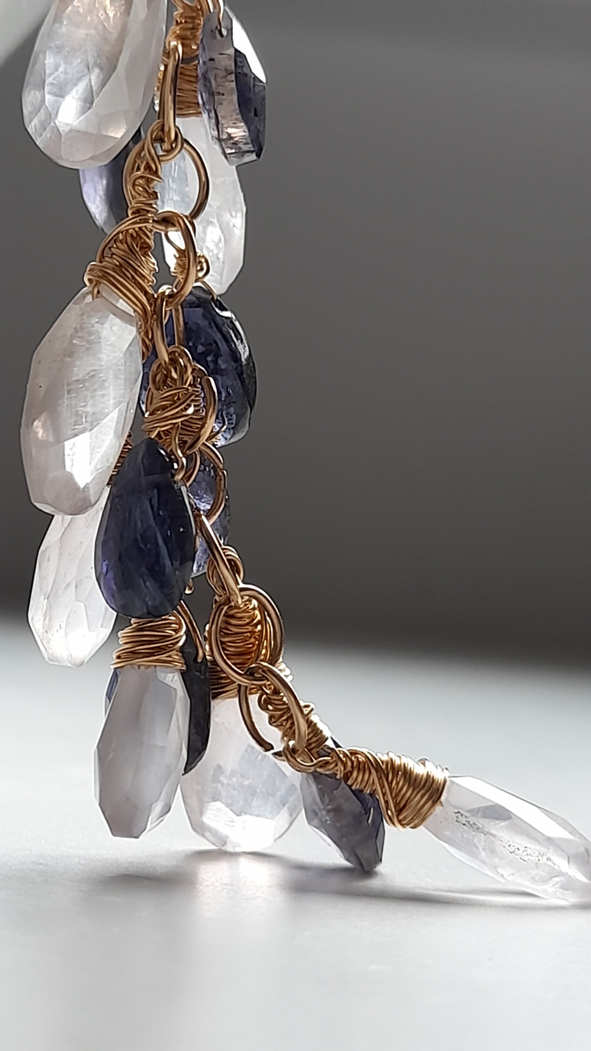 Iolite & Rose Quartz Crystal 14ct Gold Filled Earrings XXLong Handmade in Ireland #October Birthstone: Rose Quartz FREE DELIVERY