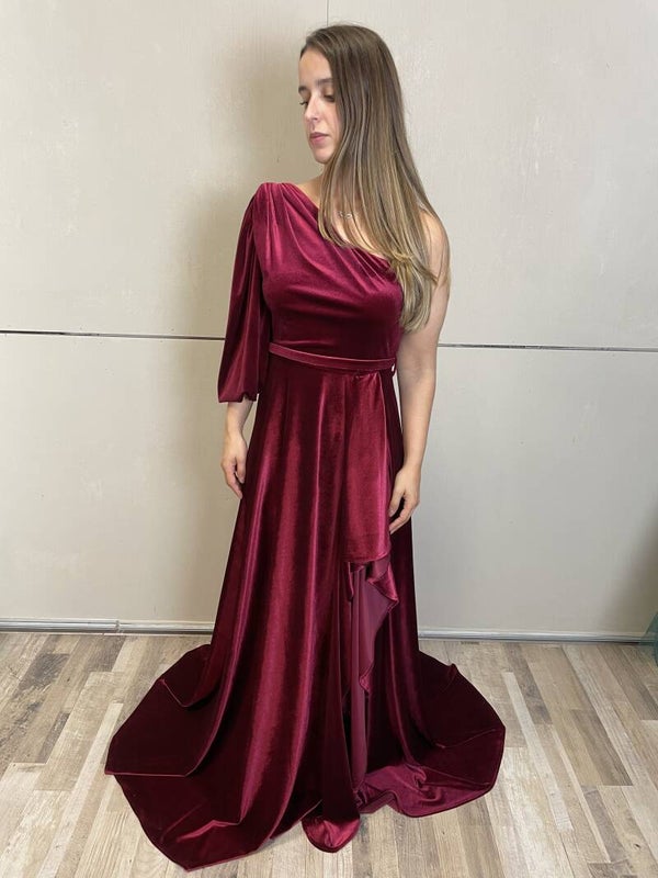 One shoulder burgundy red dress - 1146