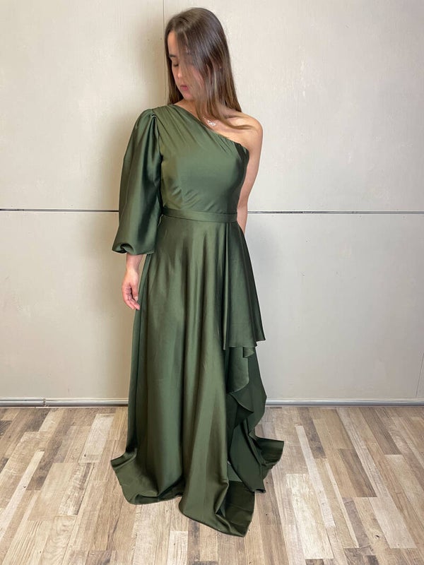 Green satin one shoulder dress - 1209