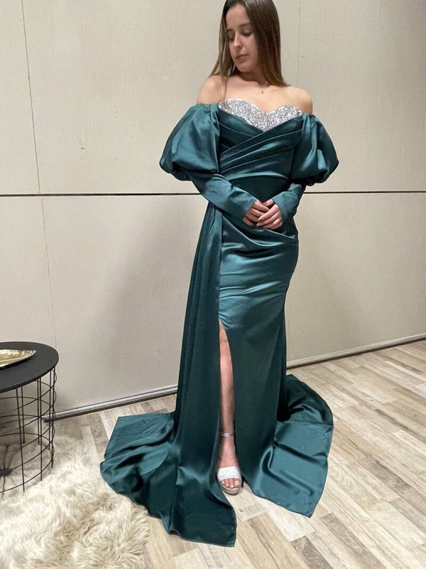 Green glitter off shoulder  dress - 1244