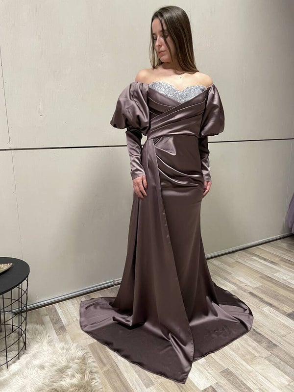 Brown glitter off shoulder dress - 1241