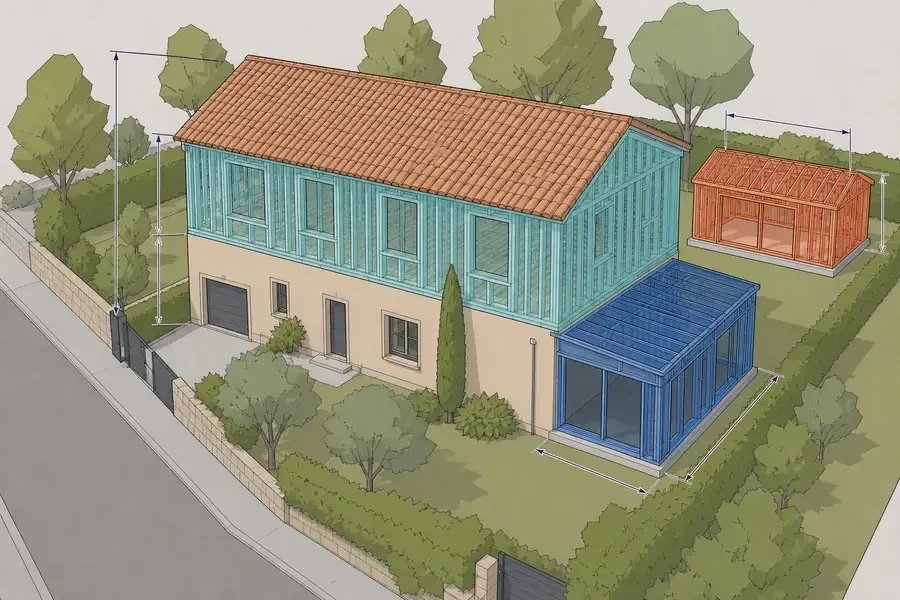 Projection SketchUp des volumes constructibles d'une maison avec extension et surélévation