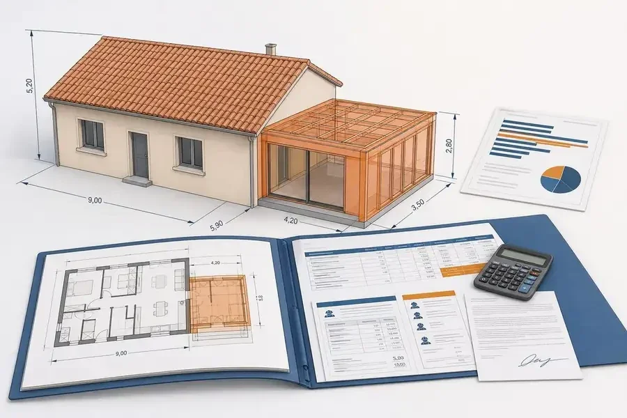 Projection 3D SketchUp d'une extension de maison avec dimensions, plans et estimation des travaux