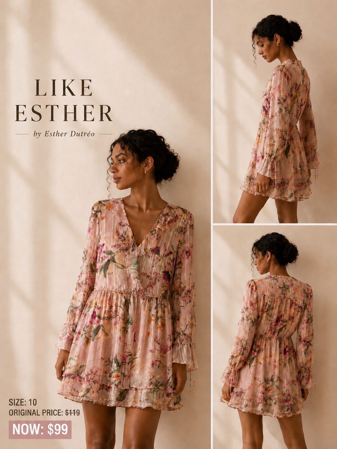 BCBG Floral Chiffon Faux Wrap Mini Dress Pink Long Sleeve
