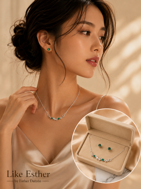 Green Cubic Zirconia Necklace & Stud Earrings Set