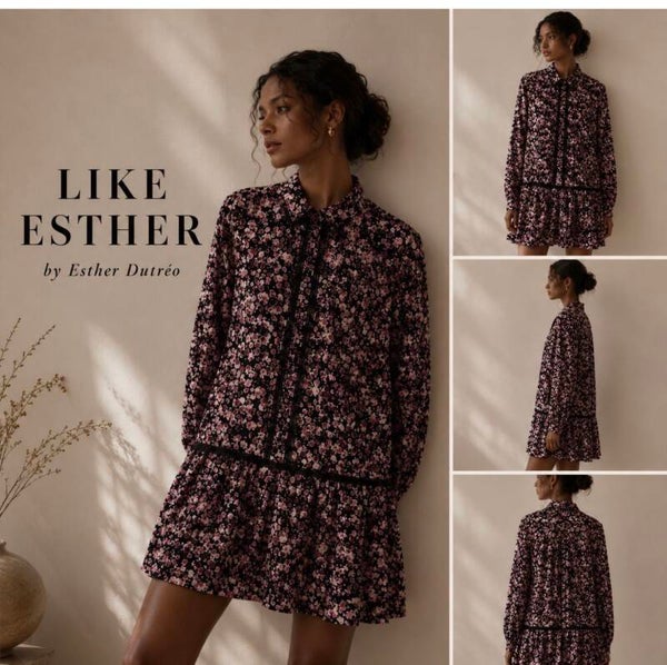 BCBG Floral Mini Dress Black Pink Long Sleeve Ruffle Hem Women’s Dress
