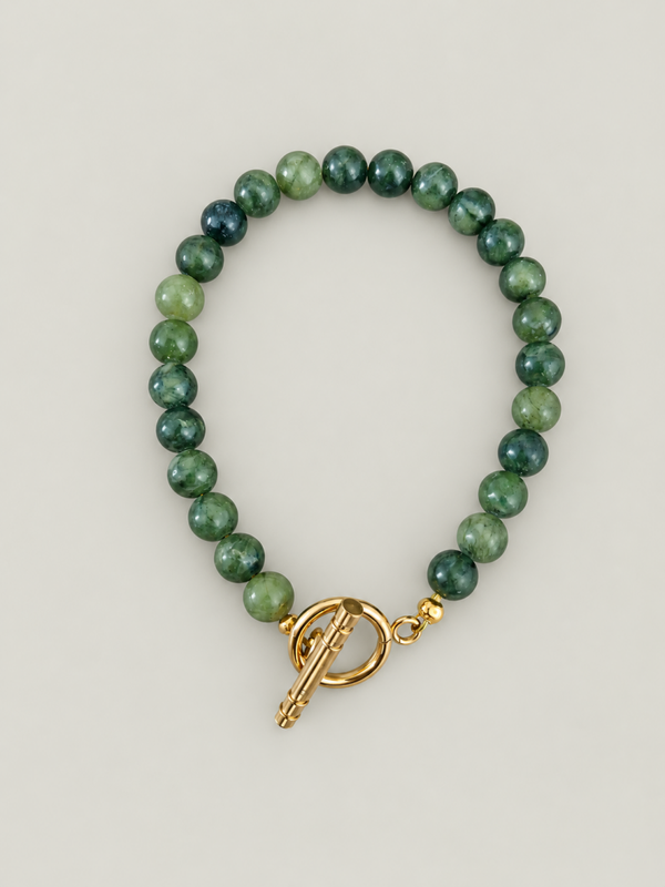 Jade armband - stainless steel - goudkleurig - groene jade natuursteen