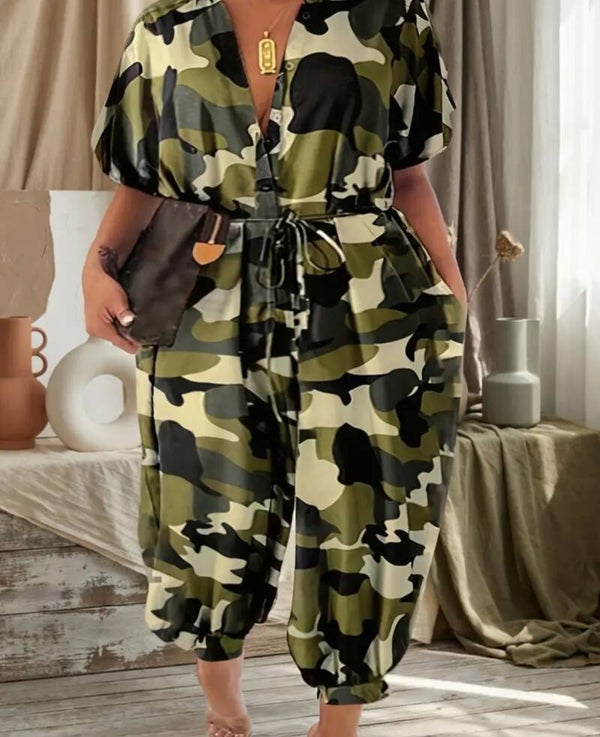 Plus Size Jumper Suit - Camouflage Print