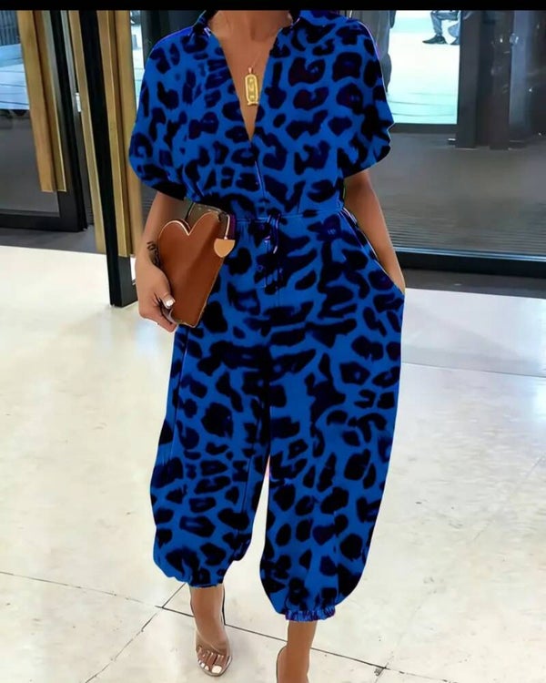 Jumper Suit - Blue Leopard Print