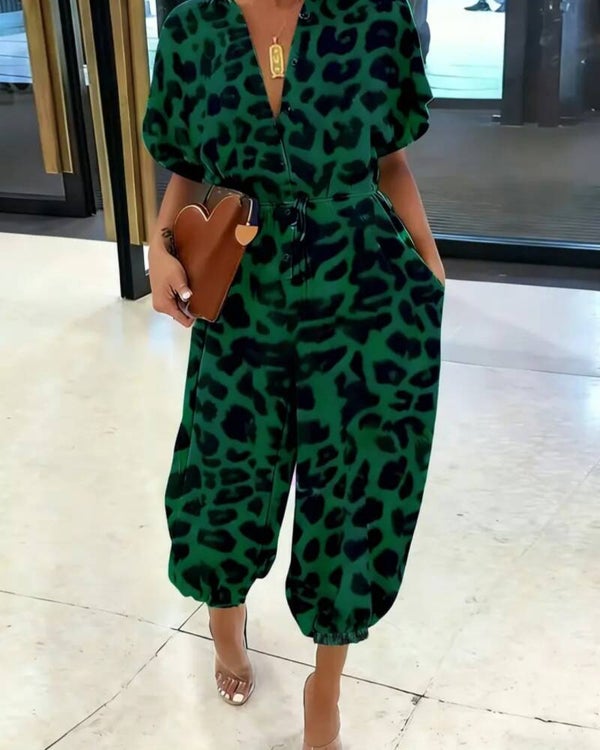 Jumper Suit - Green Leopard Print
