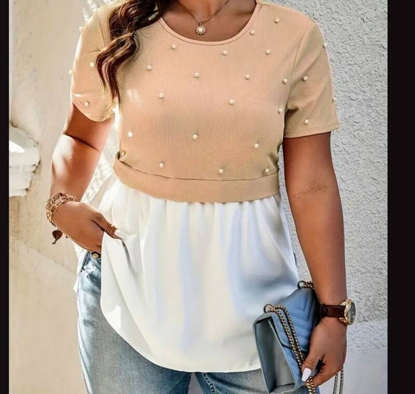 Plus Size Beaded Blouse - Apricot