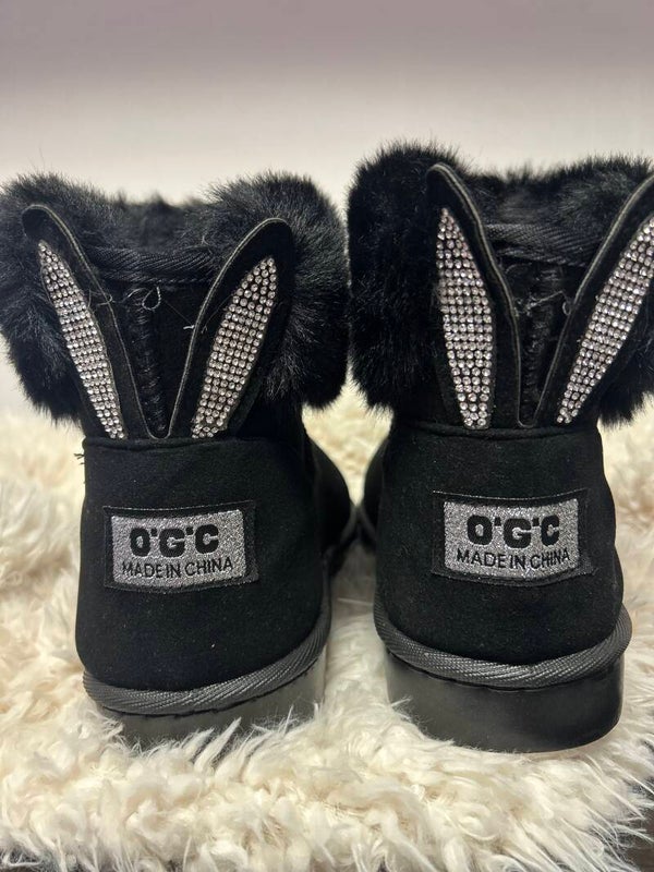 Black Fur Boots w/Rhinestone Bunny Ears