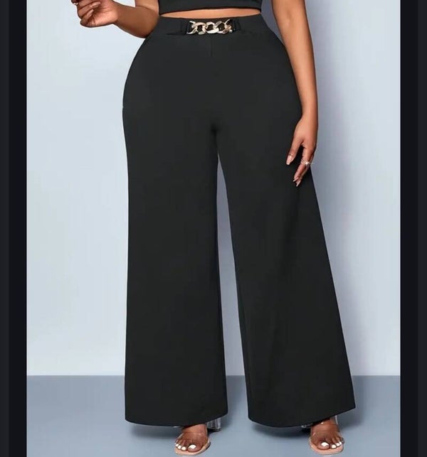 Wide Leg Pants w/ Gold Chain Buckle - Black