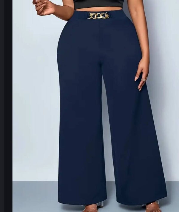 Wide Leg Pants w/ Gold Chain Buckle - Navy