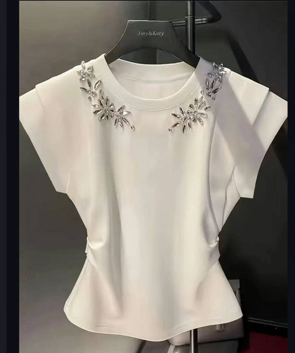 Elegant White Rhinestone Short Sleeve Blouse