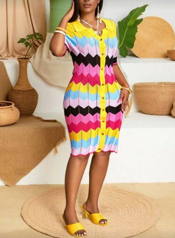 Rainbow Stripe Knit Fitted Dress