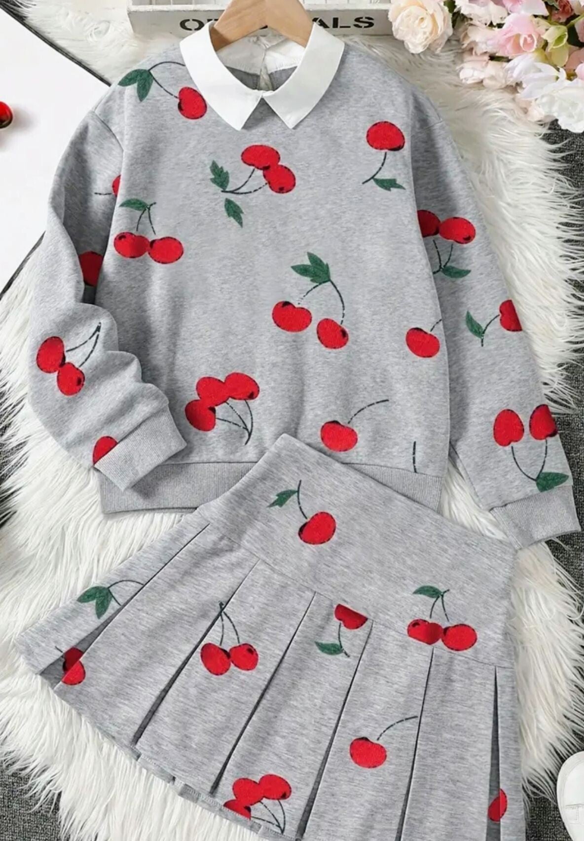 Cherry Print Sweater & Skirt Set - 2pc