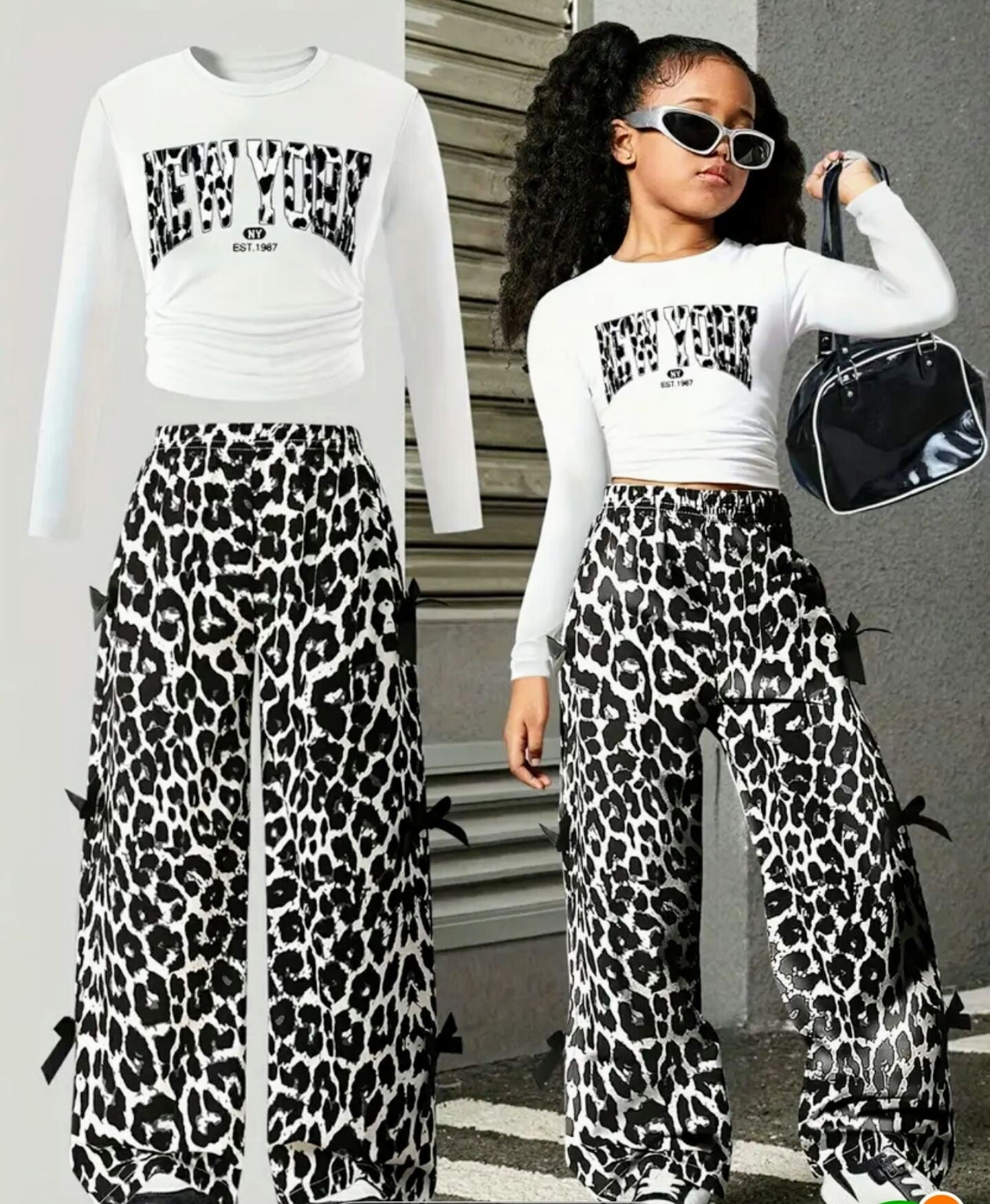 Girls Black & White Leopard Print Pant Set - 2pc