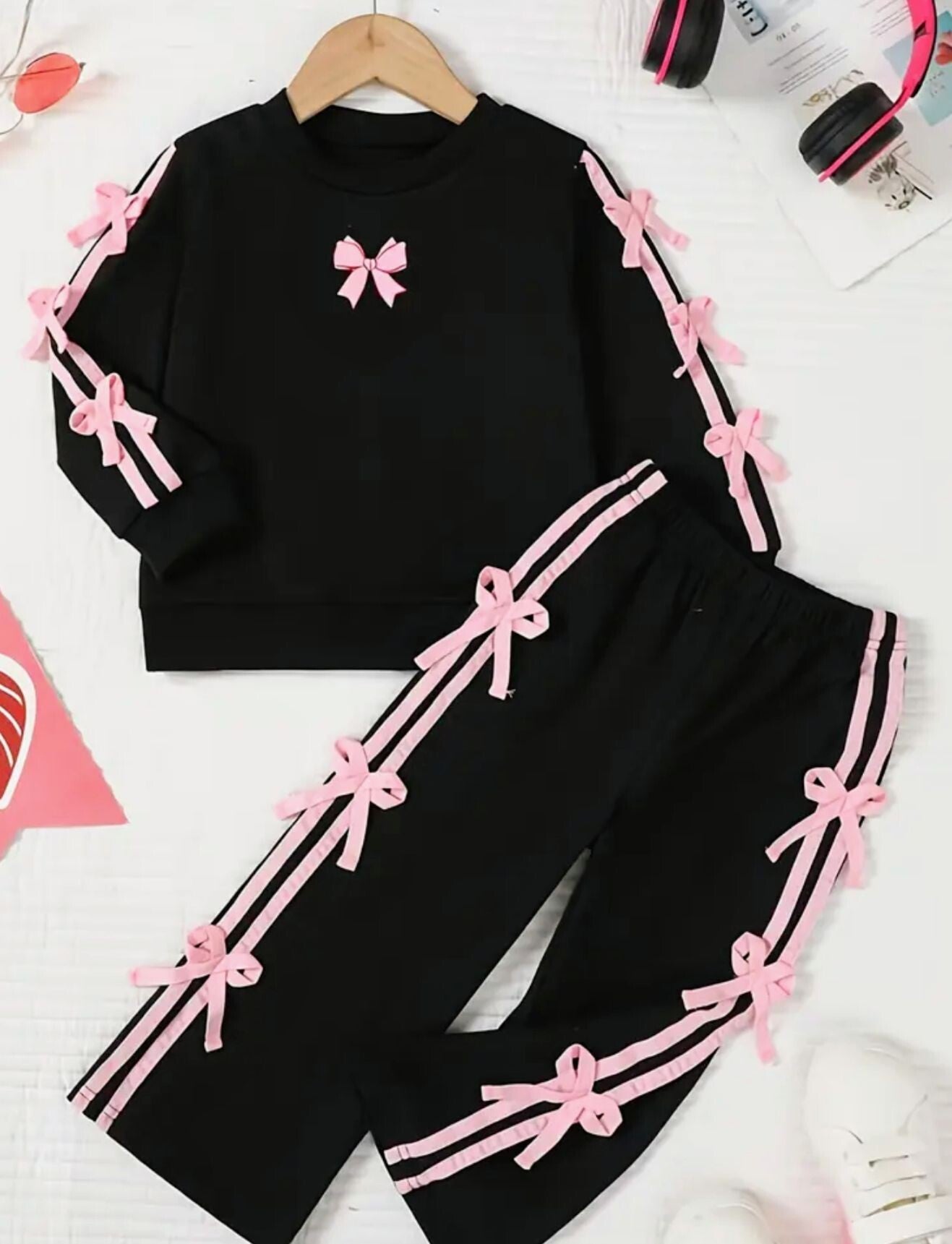 Girls Casual Pants Set With Pink Ribbons - 2pc