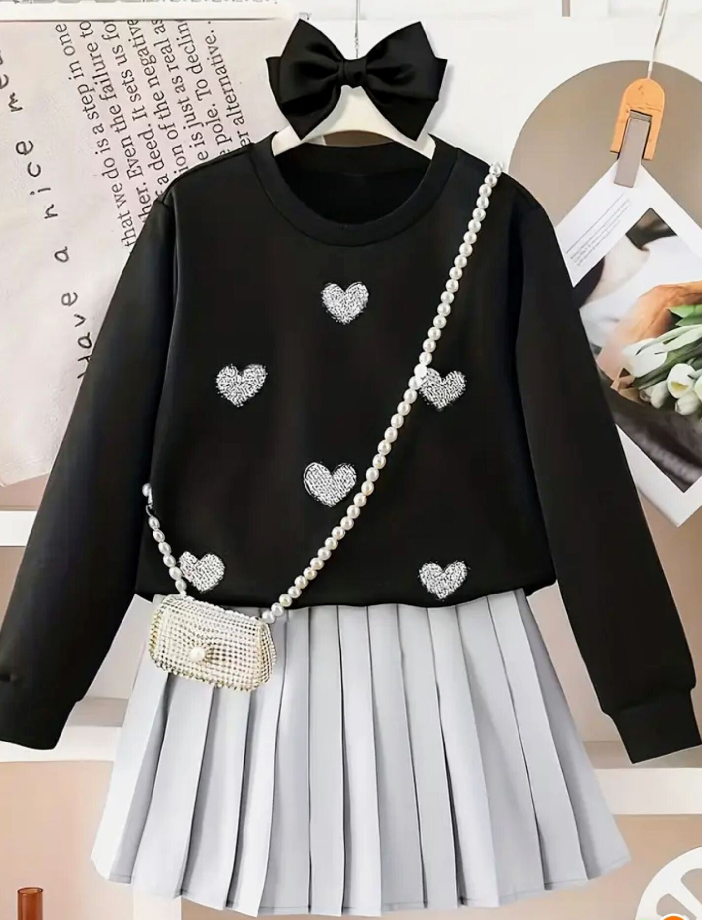 Heart Sweat Shirt & Gray Pleated Skirt Set - 2pc