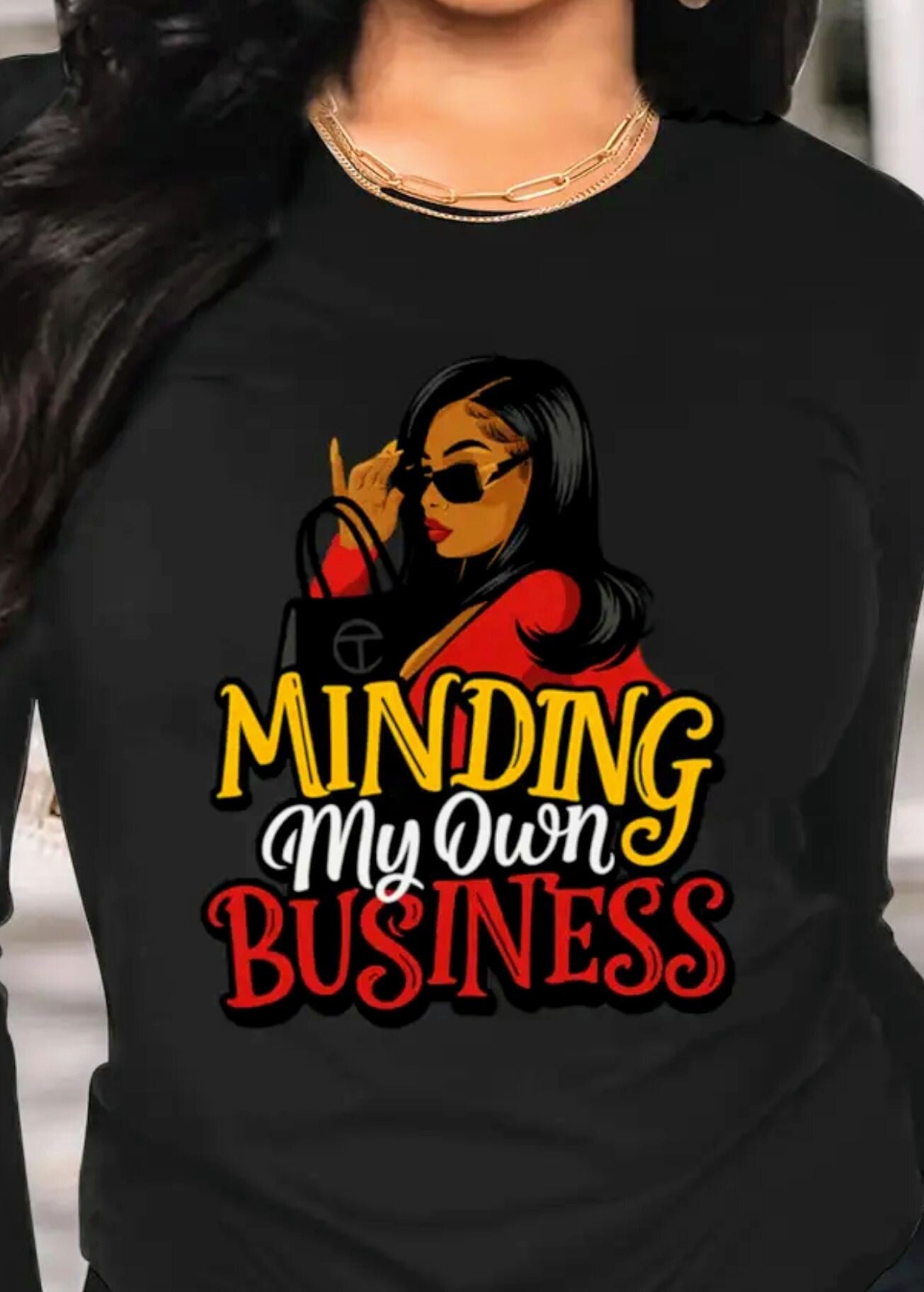 Women’s Round Neck Long Sleeve Graphic T-shirt  - Black