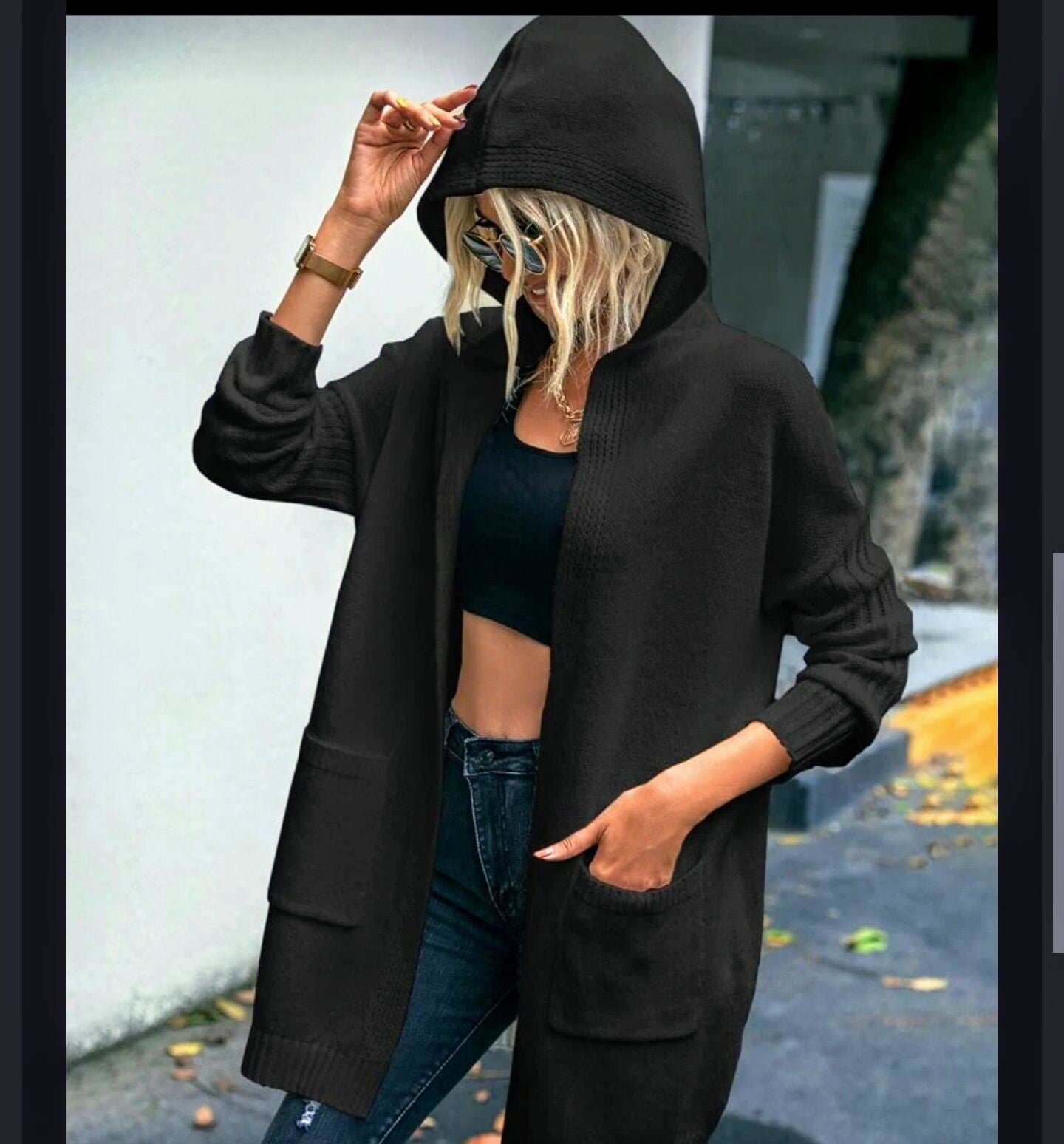 Emery Rose hooded cardigan with pockets - Black