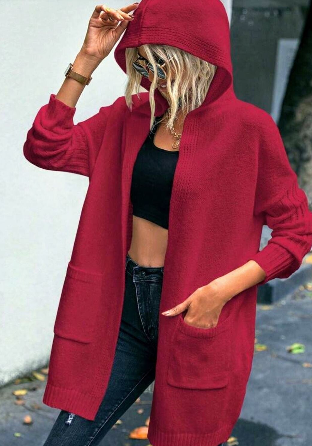 Emery Rose hooded cardigan with pockets - Red