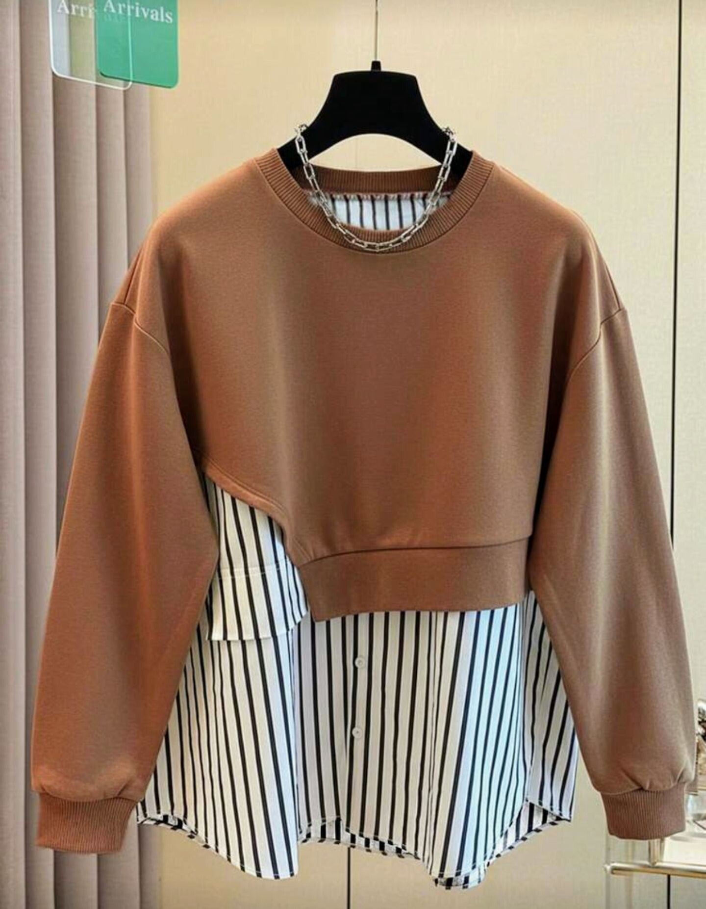 Resyla ladies casual stripe patchwork  sweatshirt blouse - Brown