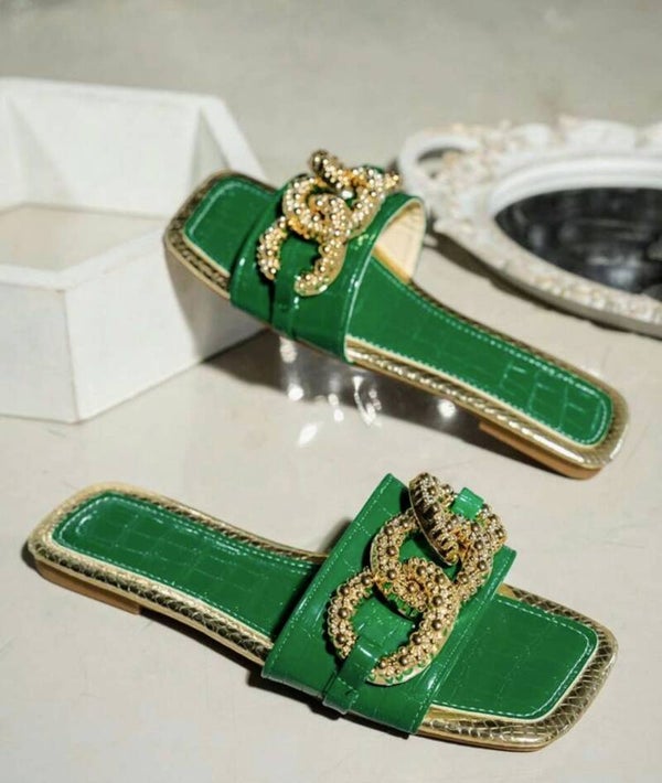 Women’s Summer gold chain flat sandals - Green