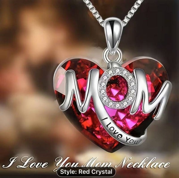 Mother's Day Red crystal pendant necklace - Silver
