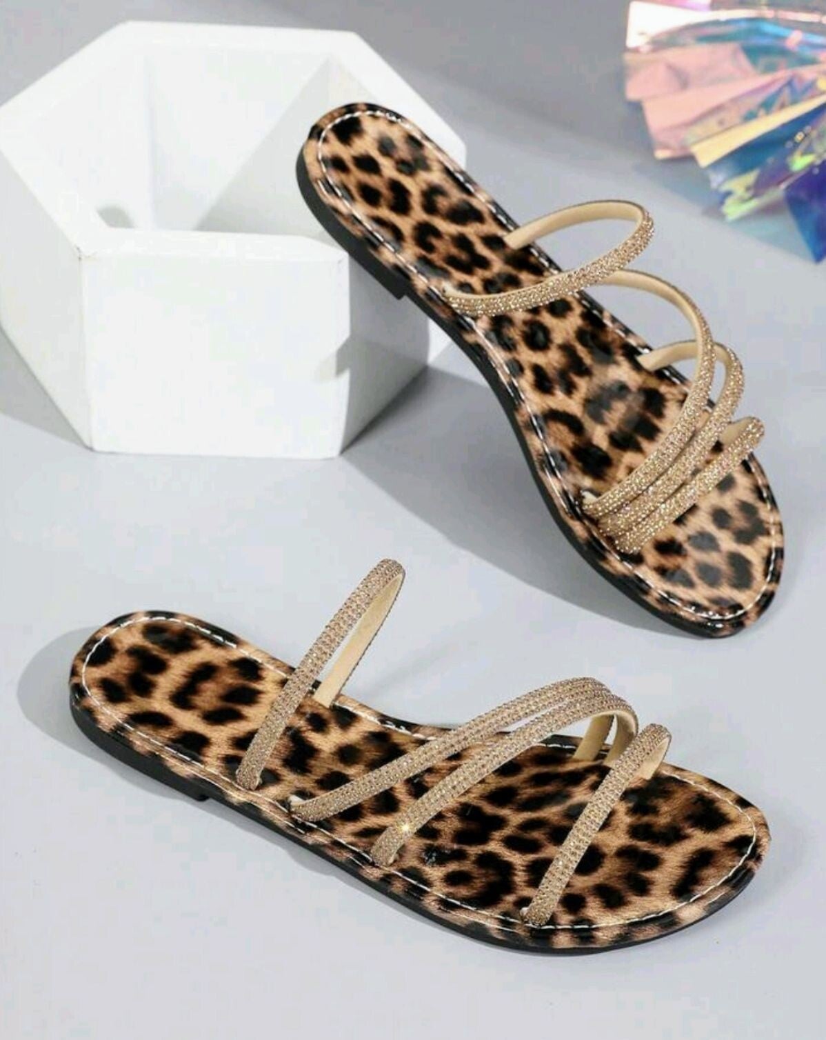 Leopard print diamond accent sandals