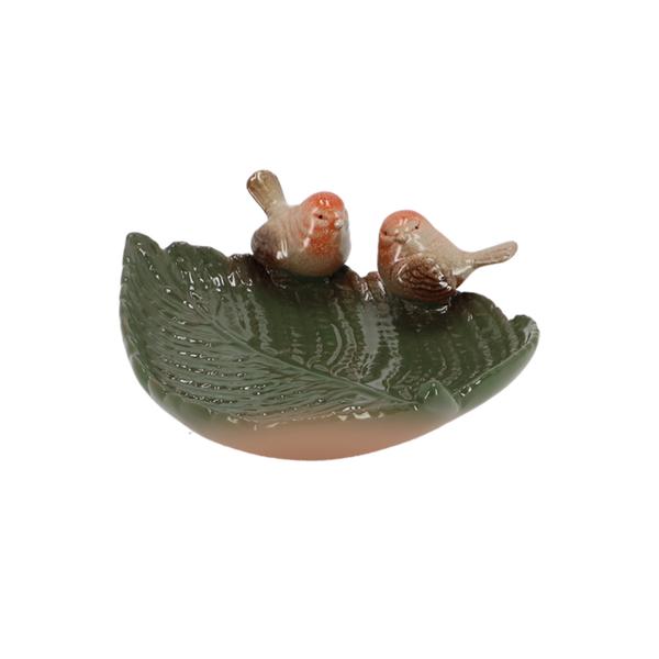 Keramiek bladvormig vogelbad met vogels FB561