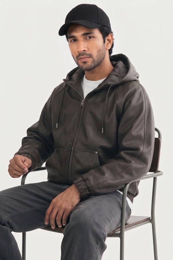 Handcrafted Men's Leather Jacket – Premium Dark Brown Hooded Men's Leather Jacket