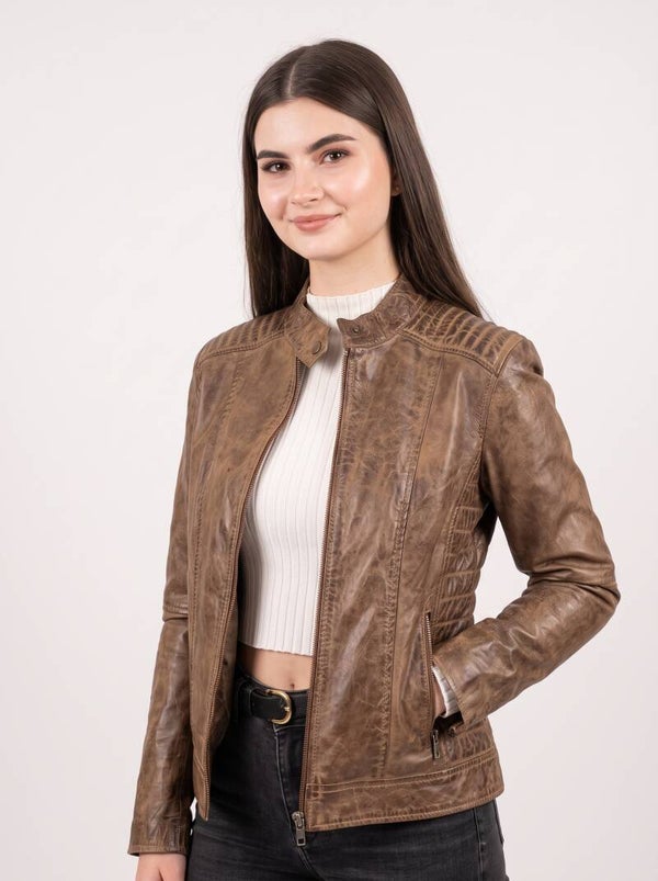 Women's Vintage Brown Genuine Leather Jacket – Slim Fit European Biker Style
