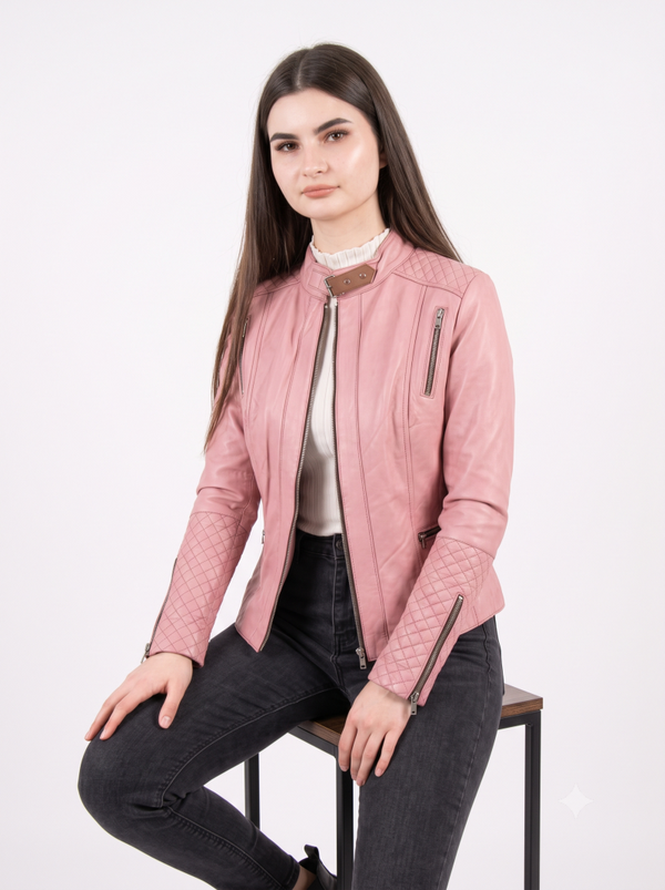 Women's Dusty Pink Genuine Leather Moto Jacket | Slim Fit Lambskin Biker