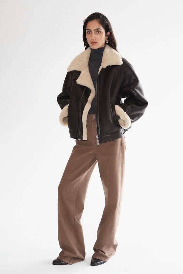 Women's Brown Shearling Leather Jacket - Genuine Aviator Bomber Coat