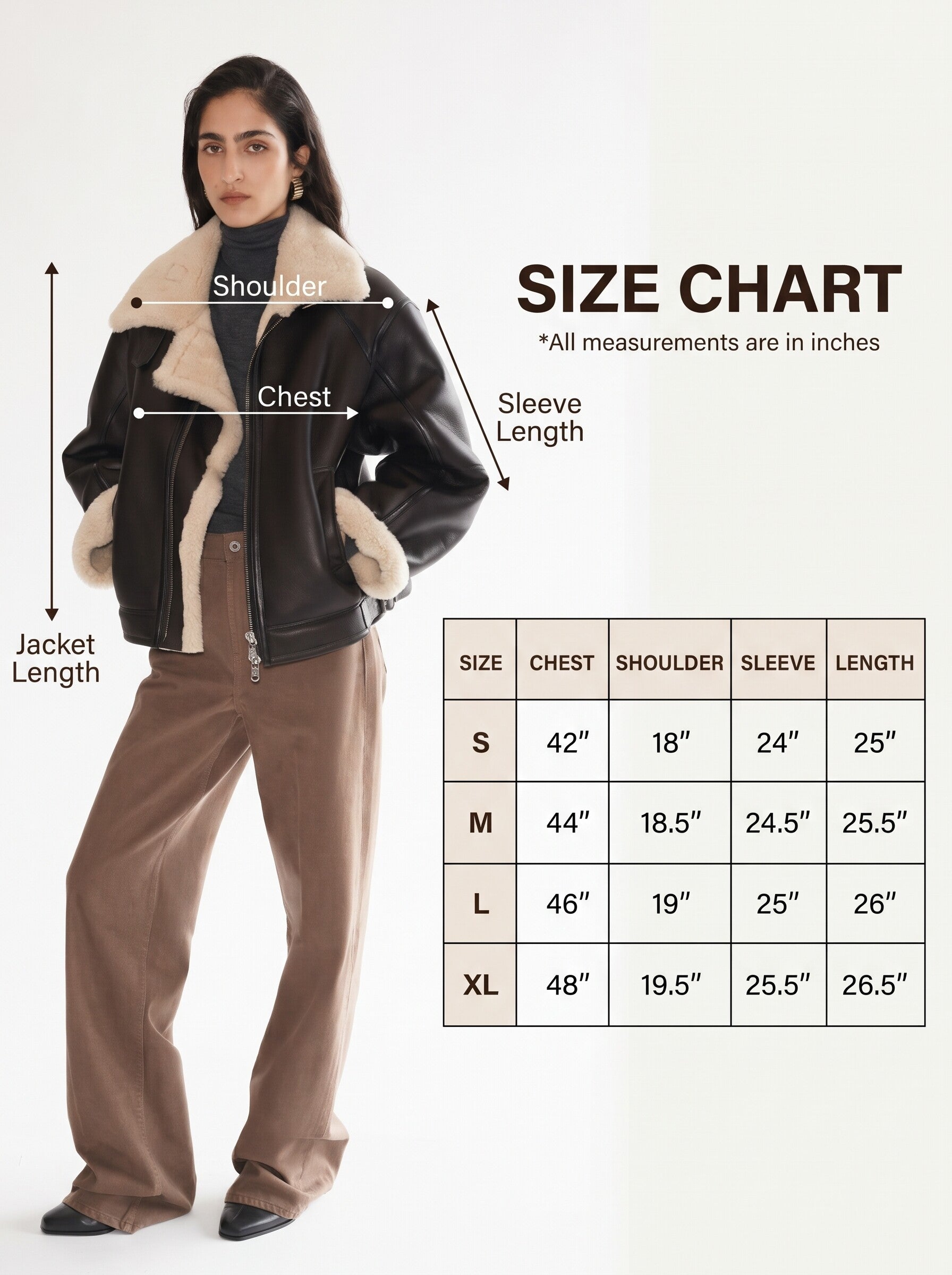 Women's leather jacket size chart with body measurement guide for chest shoulder and sleeves