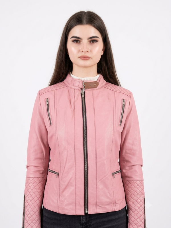 Women’s Dusty Pink Lambskin Leather Biker Jacket – Slim Fit Cafe Racer