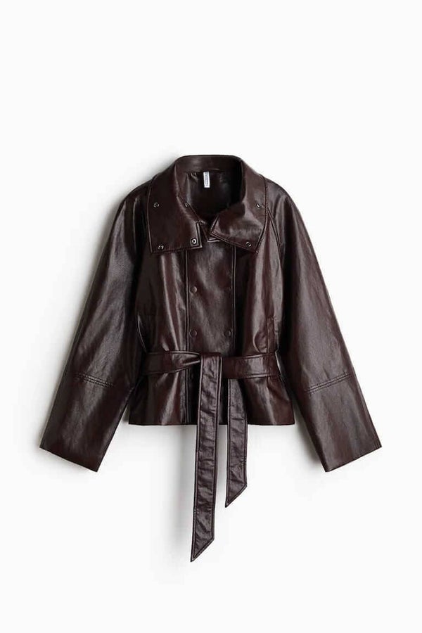 Women's Brown Real Leather Jacket – Belted High-Neck Genuine Leather Wrap Jacket for Women