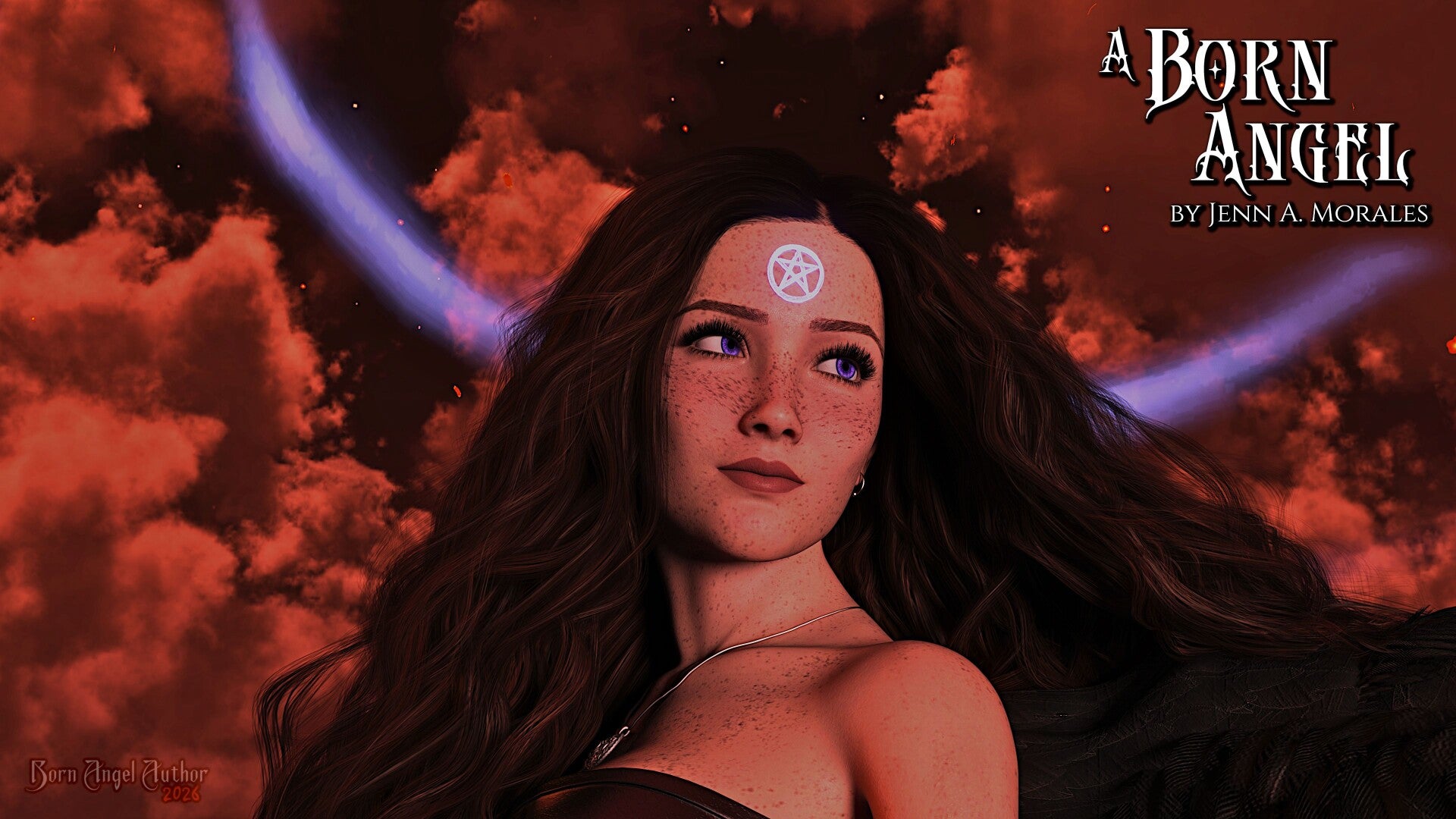 A "bust" shot of Kalista from the shoulders up with a bit of her power looking like horns behind her head, also glorious night sky.
