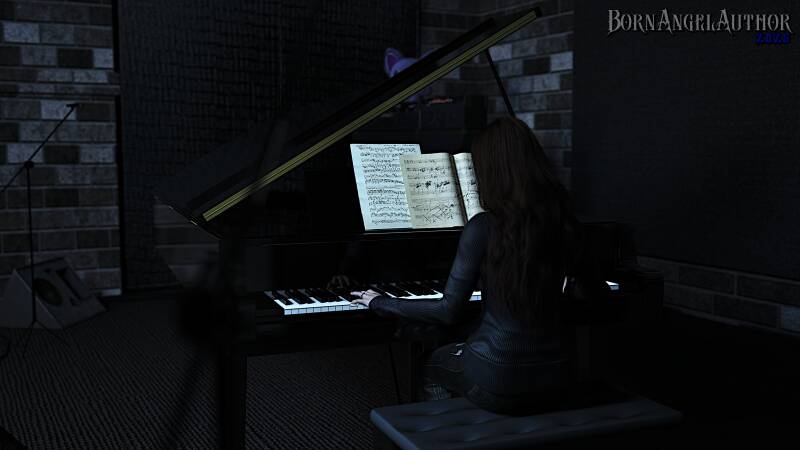 A girl playing a grand piano in a moody lighting