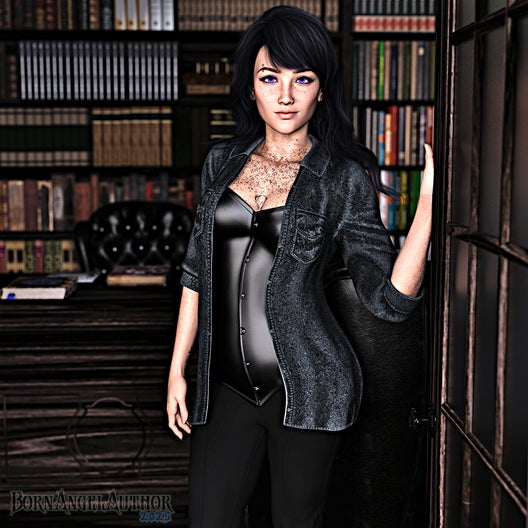 Kalista a pale, freckles, ravynn waves, and comfy gothic aesthetic (corset, a button down shirt, and comfy flaired pants)