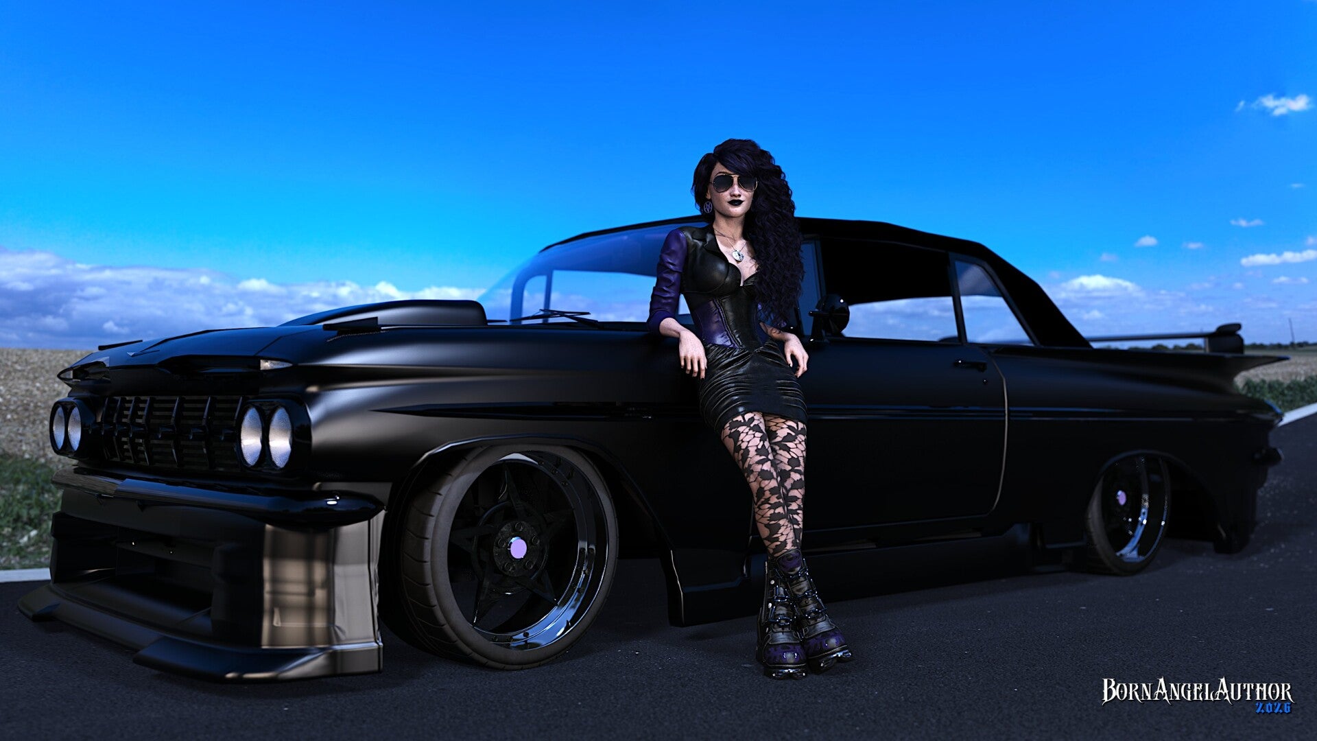 Kalista in front of a heavily modified 1959 Chevy Impala