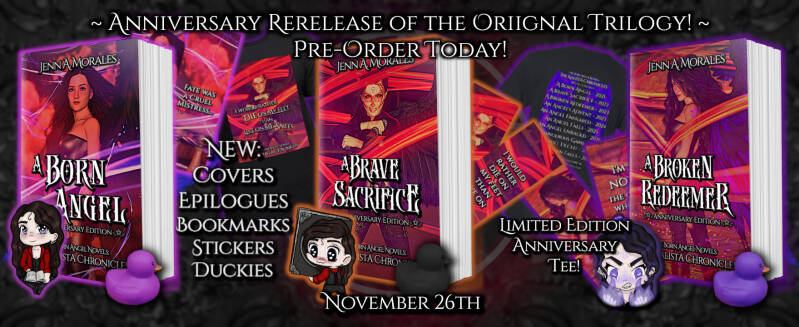 promo art for the books, showing the bookmarks, teeshirt, stickers, and duckies!