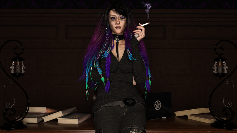Annabelle sitting on her desk with tear stains on her face and a sad smile as she smokes her preter cigarette and talks to Forseti the main character of my next book THE HAUNTED ANGEL