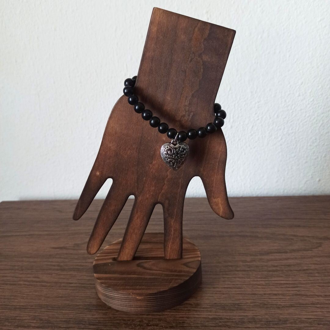 Black Beaded Bracelet with Heart Charm