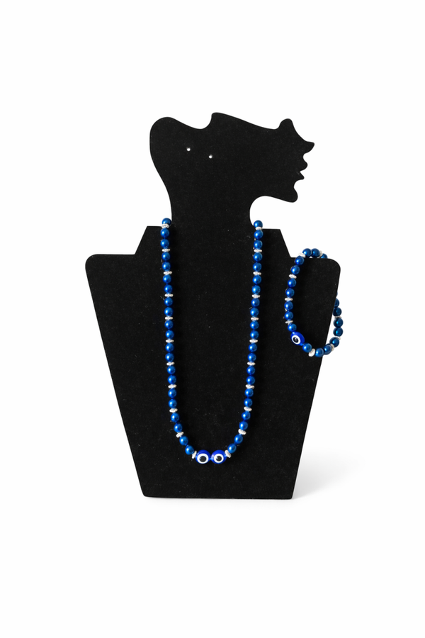 Blue Beaded Jewelry Set with Evil Eye – Necklace (30 cm) & Bracelet (16 cm)