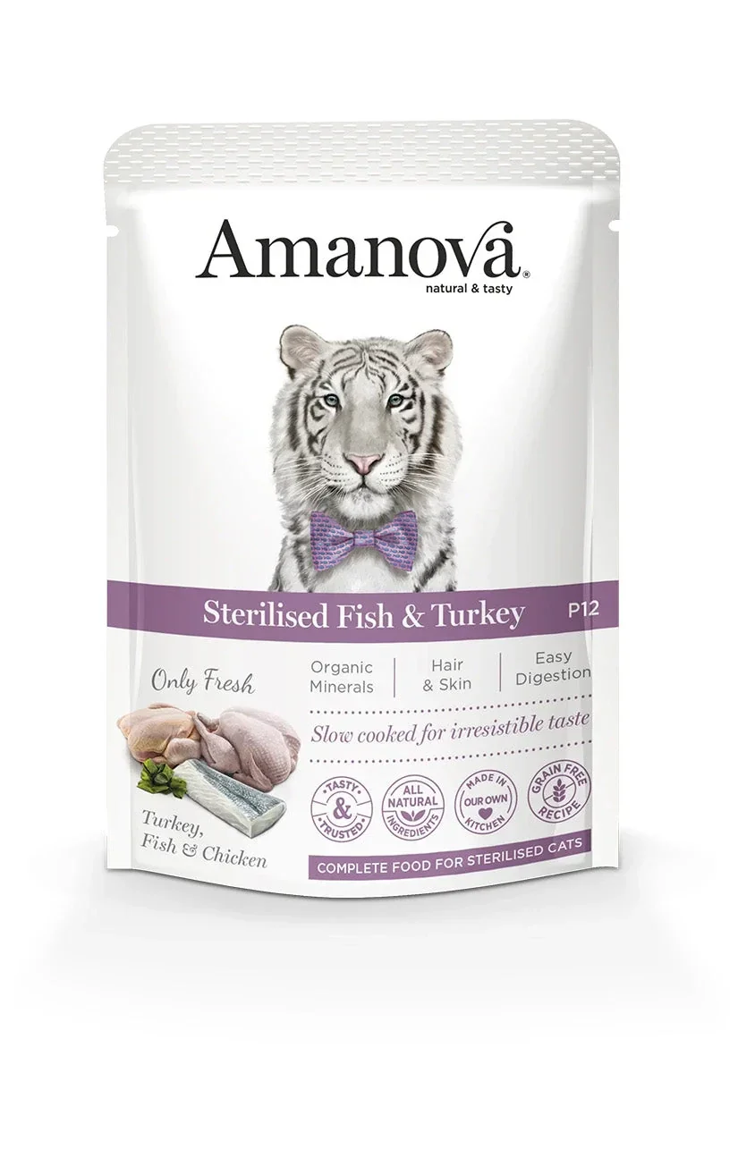 AMANOVA POUCH STERILISED, FISH & TURKEY, GRAANVRIJ, 85 GRAM